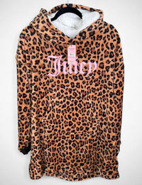 Women’s Juicy Couture Leopard Sherpa Hoodie Dress Cozy Lounge Sleepwear