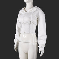 Women’s White Slim Fit Cropped Zip Up Hoodie Long Sleeve Jacket