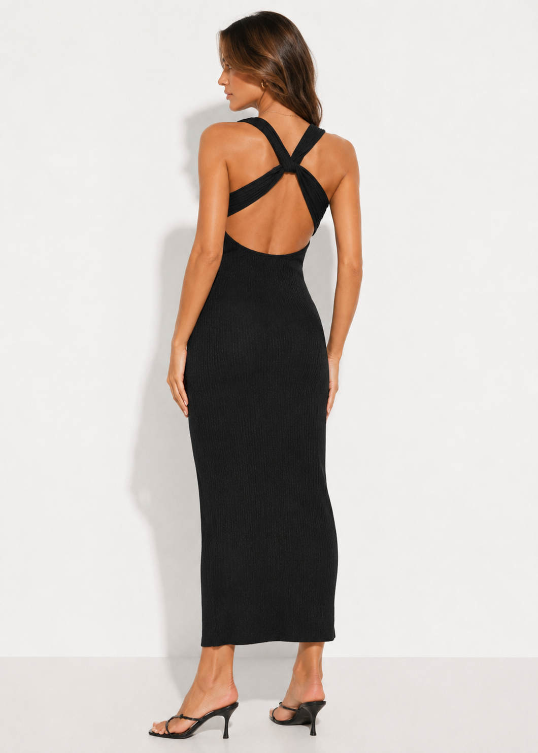 Black Ribbed Knit Open Cross-Back Maxi Dress