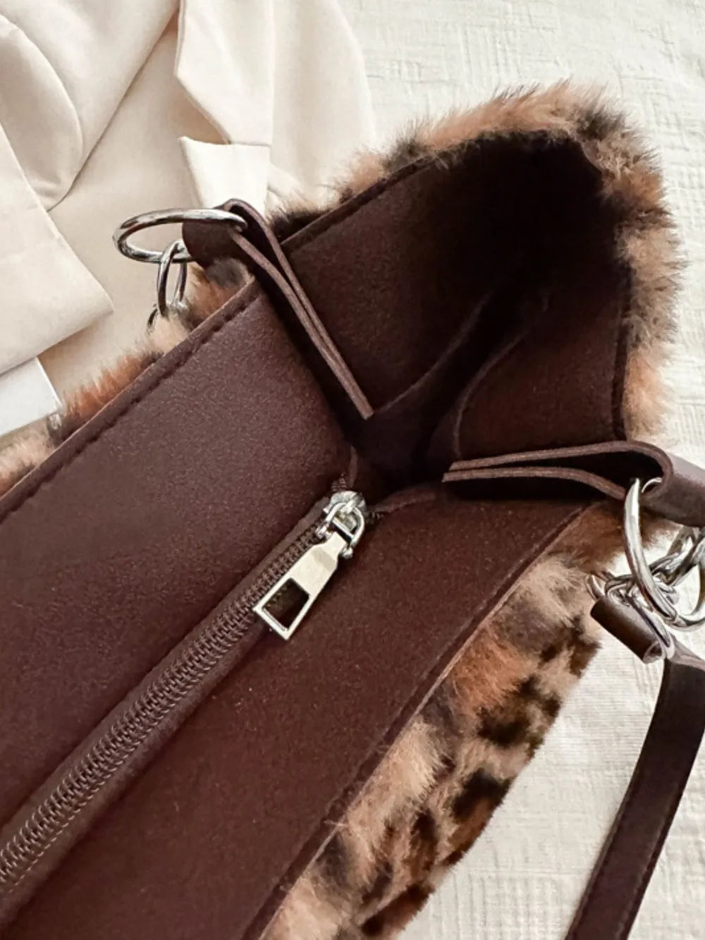 Women’s Faux Fur Leopard Shoulder Bag Chain Strap Soft Slouchy Handbag