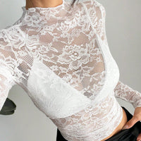 Women’s White Sheer Lace Long Sleeve Top Slim Fit Layering Shirt
