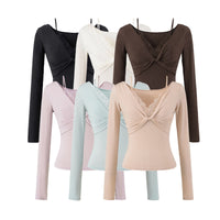 Women’s Twist Front Lace V-Neck Long Sleeve Top, Soft Stretch Knit