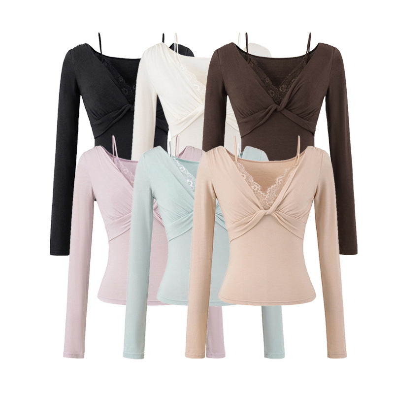 Women’s Twist Front Lace V-Neck Long Sleeve Top, Soft Stretch Knit