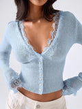 Odette Lace Trim Cropped Knit Cardigan in Blue, front