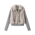 Vesper gray faux fur cropped jacket with rib-knit sleeves, flat lay front view