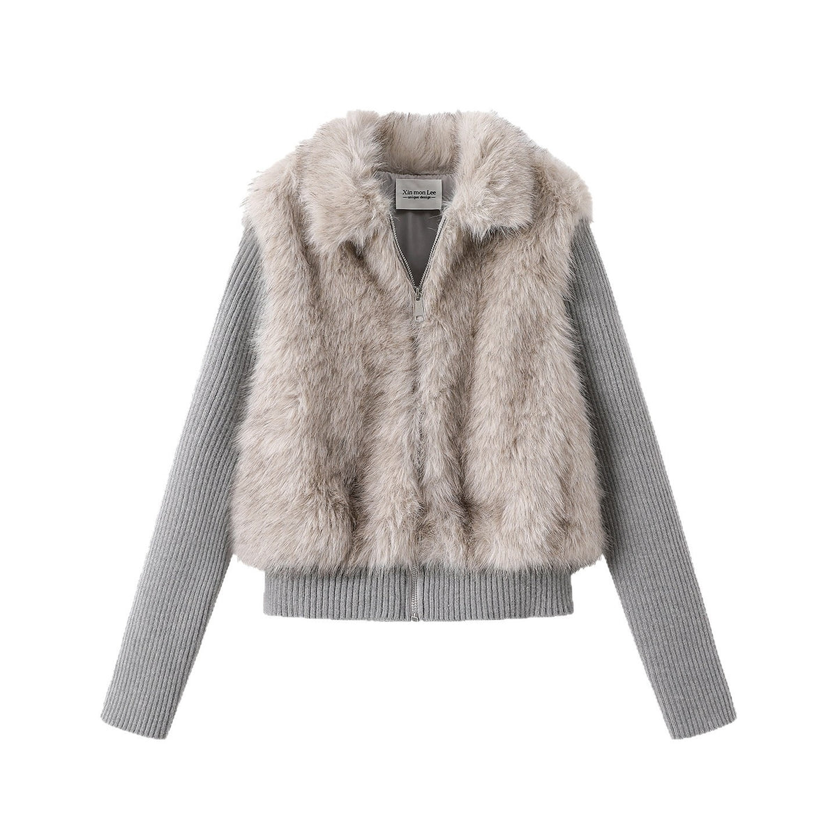 Vesper gray faux fur cropped jacket with rib-knit sleeves, flat lay front view