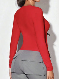 Women's Red Square Neck Bow Tie Lace-Up Long Sleeve Fitted Top - Gloss & Grit