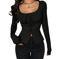 Women’s Square Neck Tie Front Cardigan Long Sleeve Button Top