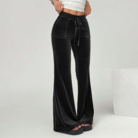 Velvet Lounge Pants Women – Soft High Waist Drawstring Wide Leg Black Pants