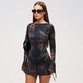 Y2K Leopard Studded Long Sleeve Mini Dress - Gloss & Grit