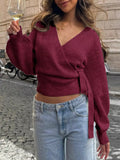 Tie Waist Surplice Knit Sweater Top with Wrap Front - Gloss & Grit