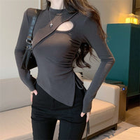 Women’s Sexy Cutout Long Sleeve Top – Asymmetric Fitted Drawstring Shirt