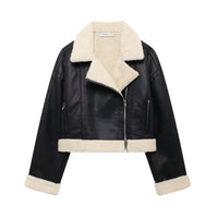 Women’s Faux Shearling Lined Moto Jacket with Lapel Collar and Zipper Front