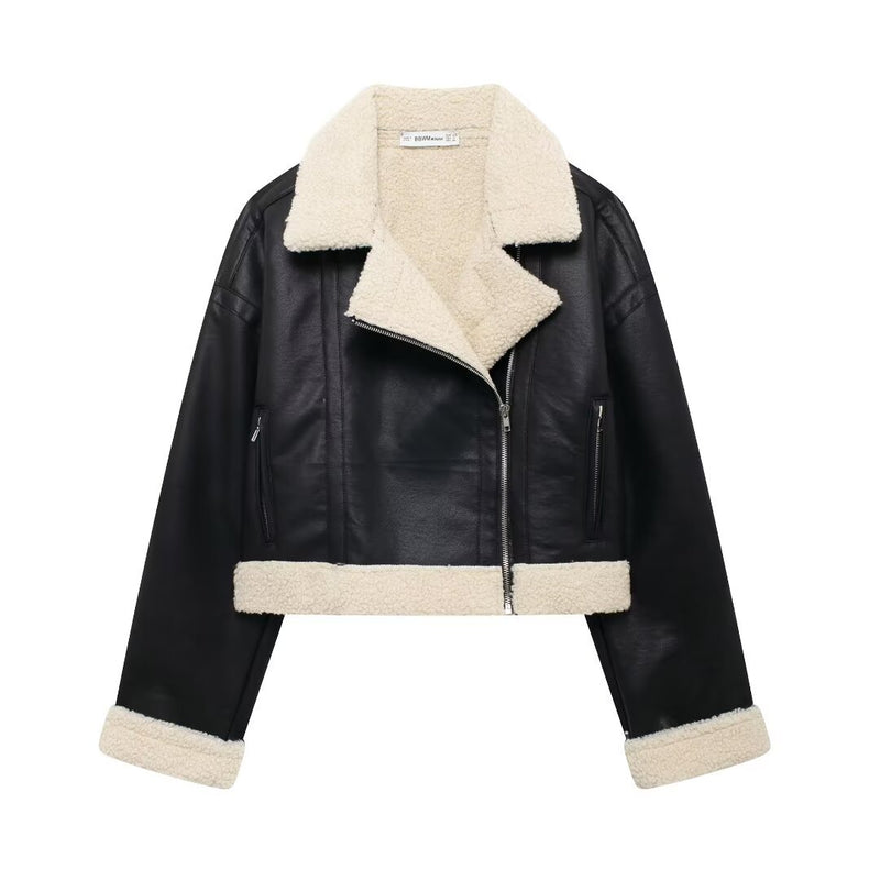 Women’s Faux Shearling Lined Moto Jacket with Lapel Collar and Zipper Front