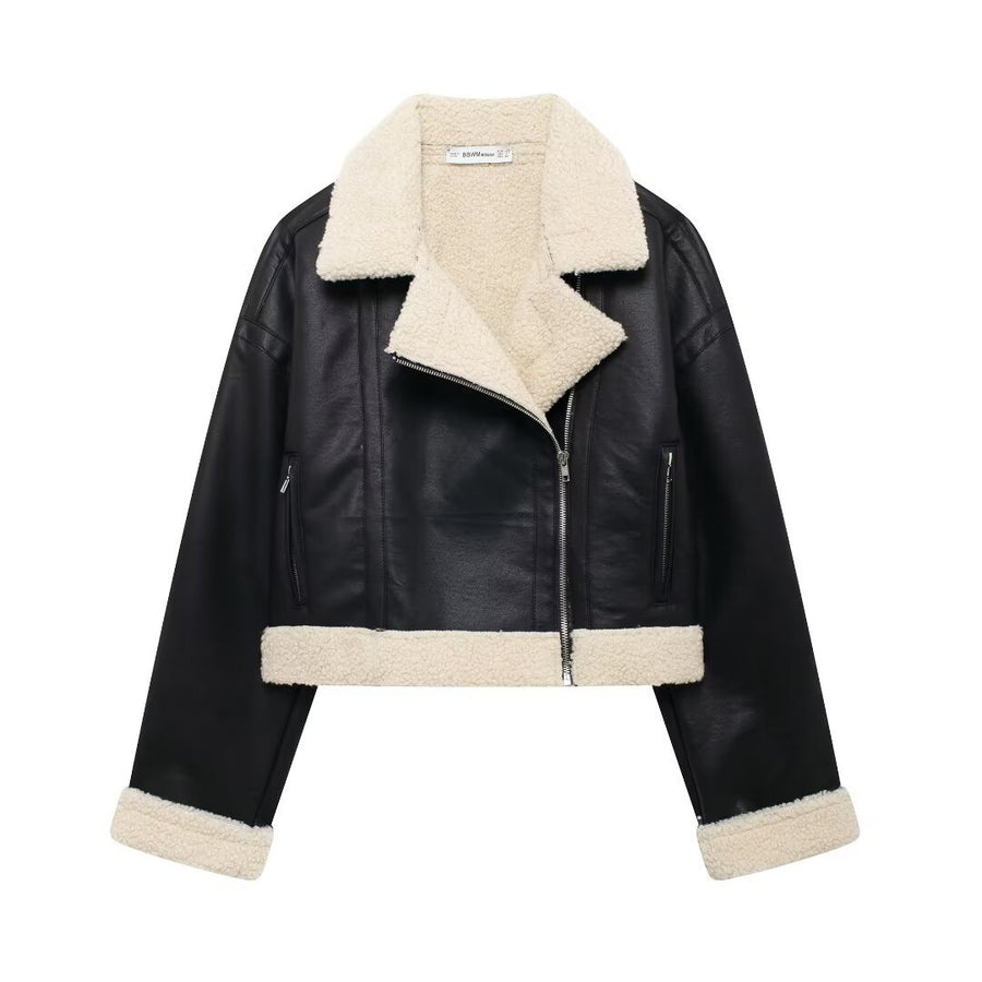 Women’s Faux Shearling Lined Moto Jacket with Lapel Collar and Zipper Front