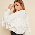 Cropped White Fringe Denim Jacket