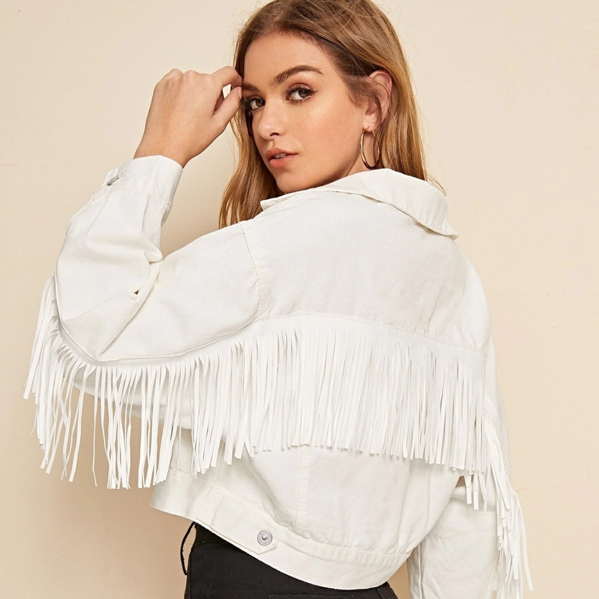 Cropped White Fringe Denim Jacket