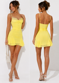 Yellow Lace Pleated Mini Dress with Tulle Ruffle Hem