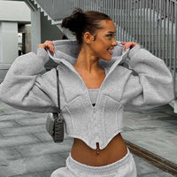 Women’s Grey Cropped Corset Hoodie — Streetwear Cinched Waist Zip‑Up Sweatshirt