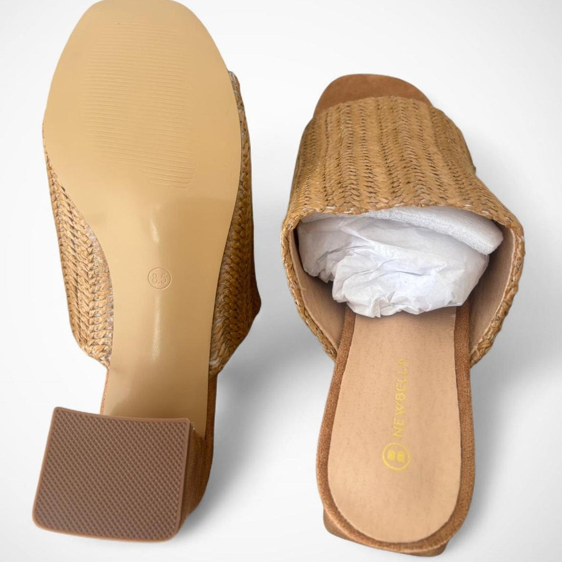 Newbella Square Toe Raffia Block Heel Slide Sandals Size 8.5