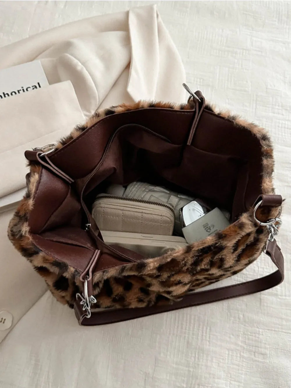 Women’s Faux Fur Leopard Shoulder Bag Chain Strap Soft Slouchy Handbag