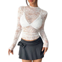 Women’s White Sheer Lace Long Sleeve Top Slim Fit Layering Shirt