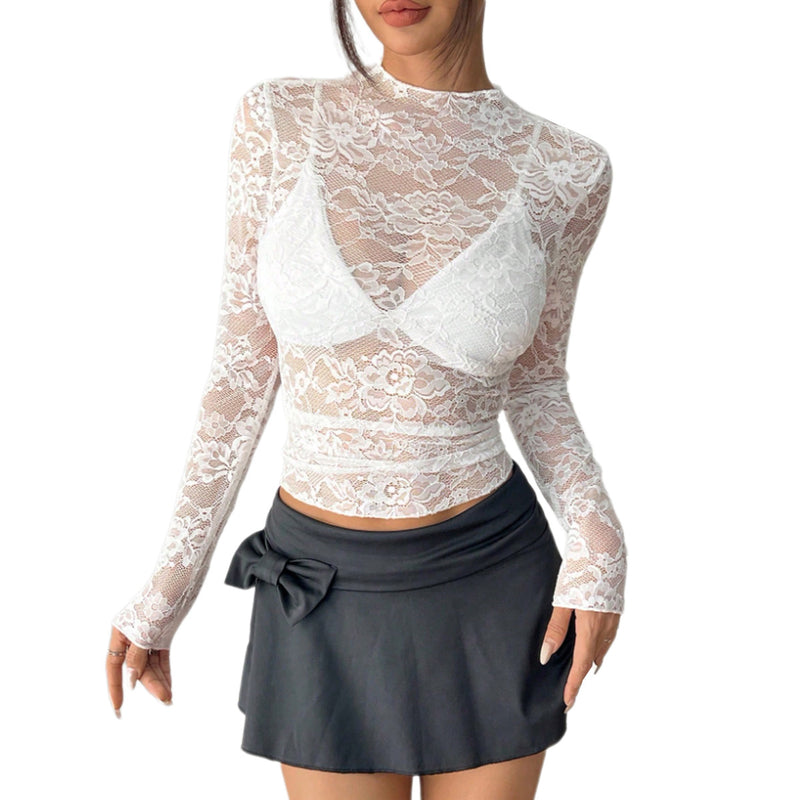 Women’s White Sheer Lace Long Sleeve Top Slim Fit Layering Shirt