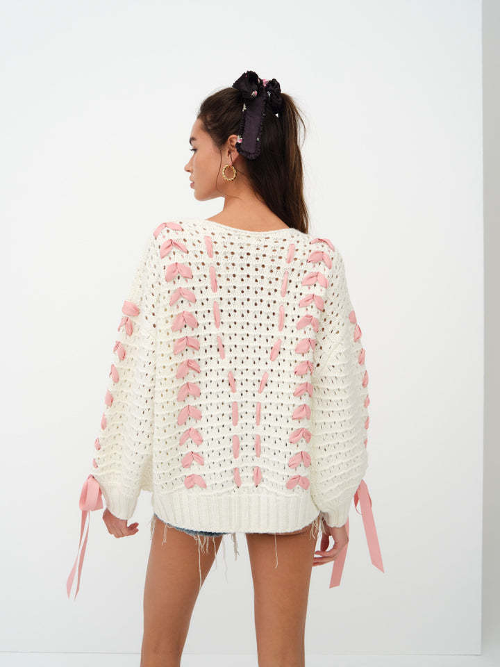 Ribbon Detail Open-Knit Sweater