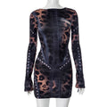 Y2K Leopard Studded Long Sleeve Mini Dress - Gloss & Grit