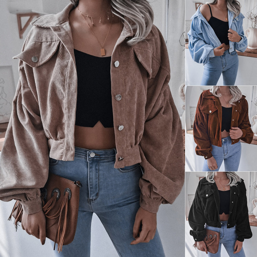 Women’s Lantern-Sleeve Crop Jacket — Cropped Corduroy Jacket