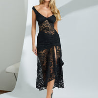 Women’s Black Lace Sheer Maxi Dress Sleeveless Slim Fit Evening Style