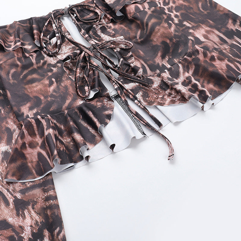 Leopard Off-Shoulder Lace-Up Crop Top & Shorts Set
