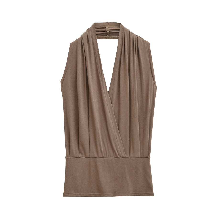 Women’s Deep V-Neck Halter Wrap Top Backless Slim Fit Tank