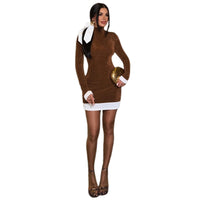 Women’s Brown Slim Fit Long Sleeve Contrast Trim Mini Dress