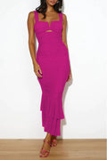 Ruched Mermaid Midi Dress with Square Neck Cutout