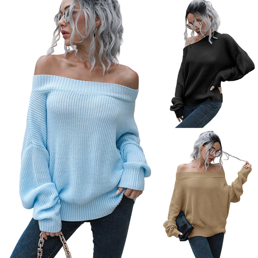 Women’s Off-Shoulder Oversized Knit Sweater — Long Sleeve Pullover
