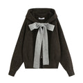 Cecily dark brown hooded zip-up cardigan with gray knit bow, flat lay front view