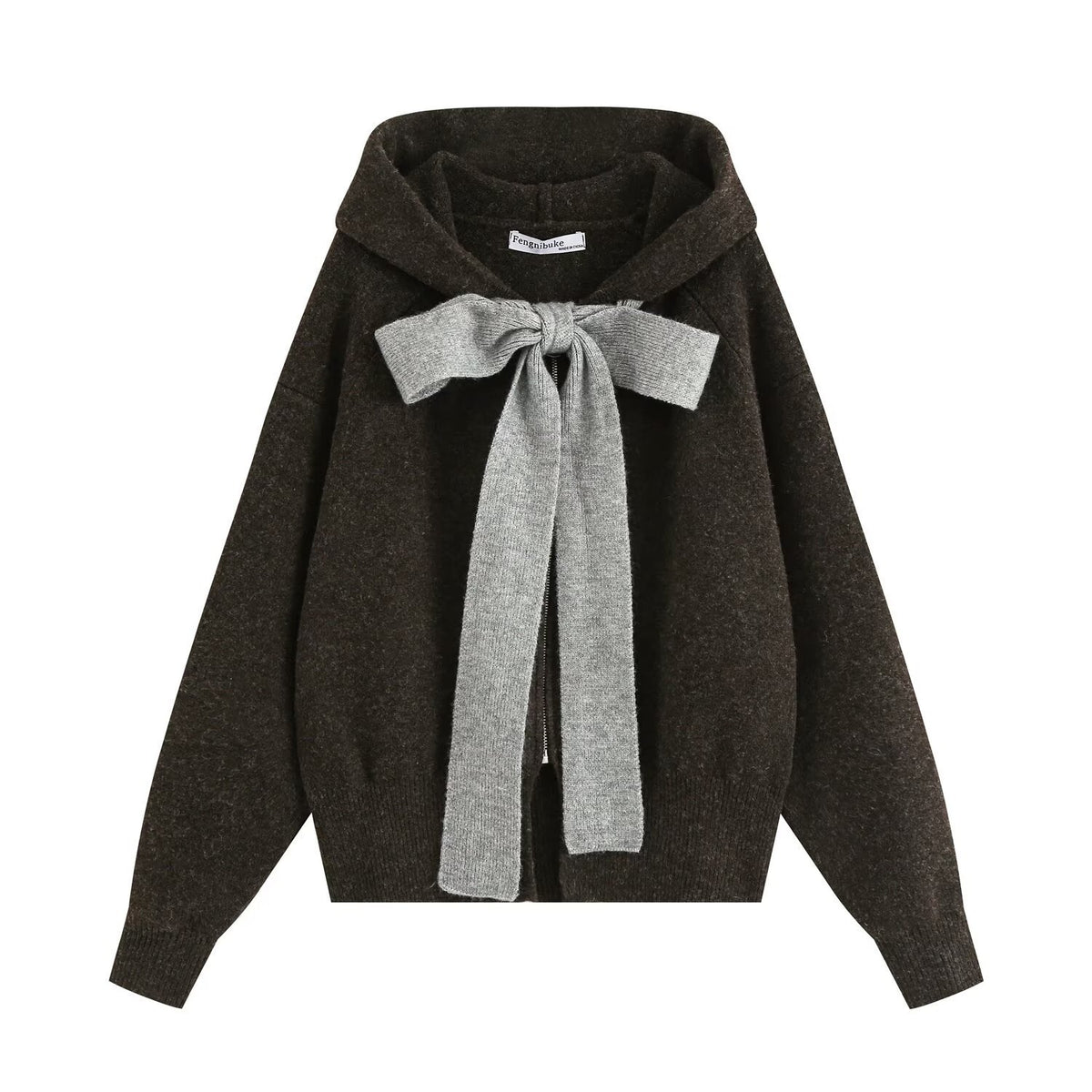 Cecily dark brown hooded zip-up cardigan with gray knit bow, flat lay front view