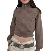 Women’s Stand Collar Button Waist Jacket – Brown Zip Front Cropped Outerwear