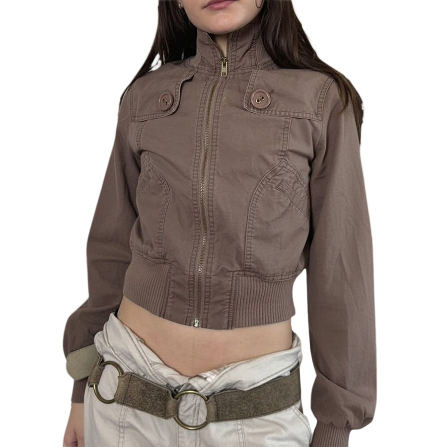 Women’s Stand Collar Button Waist Jacket – Brown Zip Front Cropped Outerwear