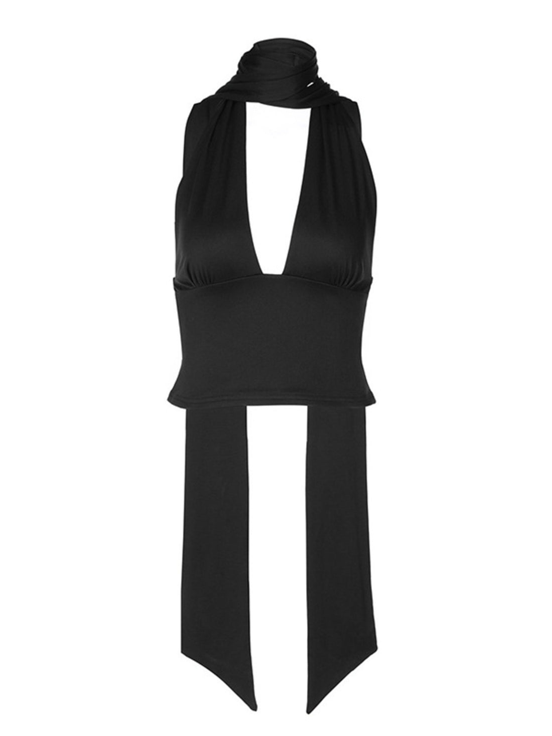 Black halter top worn by a person on a white background