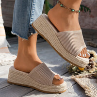 Women’s Platform Slide Sandals with Woven Straw Sole – Beige Slip-On Shoes