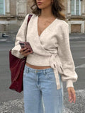 Tie Waist Surplice Knit Sweater Top with Wrap Front - Gloss & Grit