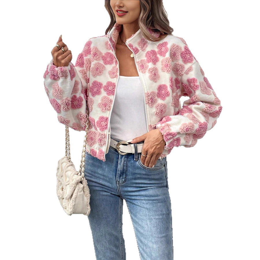 Women Pink & White Faux Fur Zip‑Up Jacket Floral Sherpa Coat