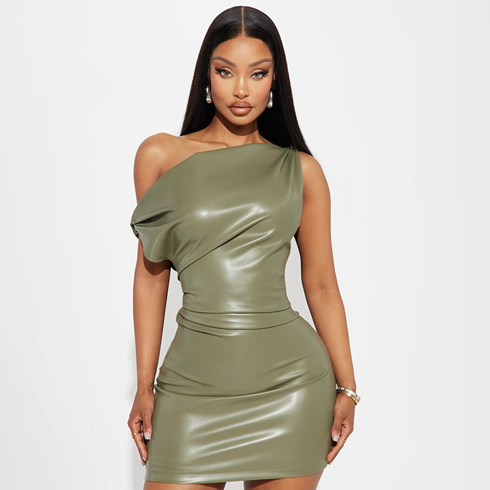 Off-Shoulder Faux Leather Bodycon Mini Dress