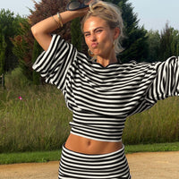 Women’s Striped Two-Piece Set – Batwing Sleeve Top and Mini Skirt Casual Outfit
