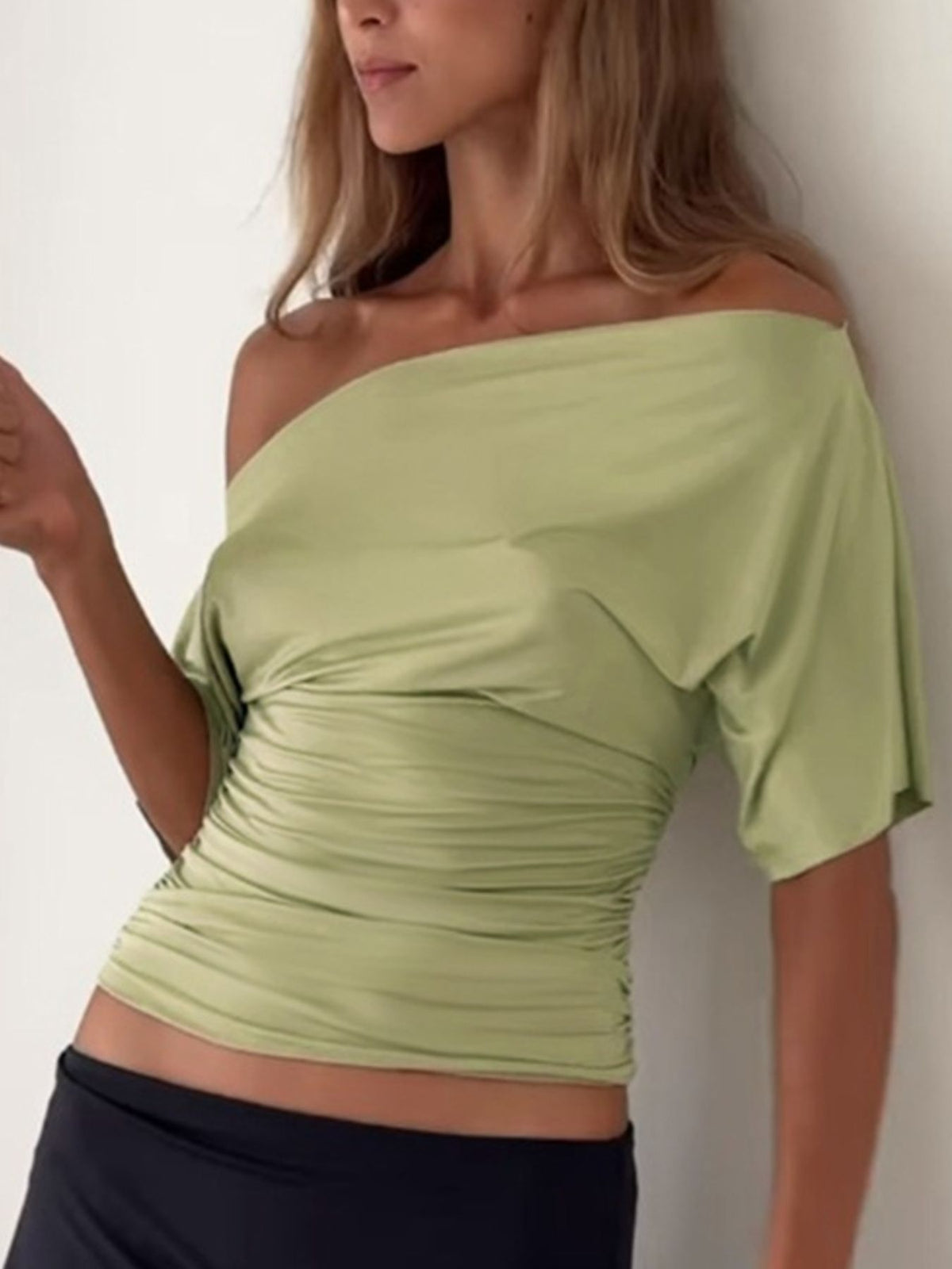Ruched One-Shoulder Short Sleeve Top - Gloss & Grit