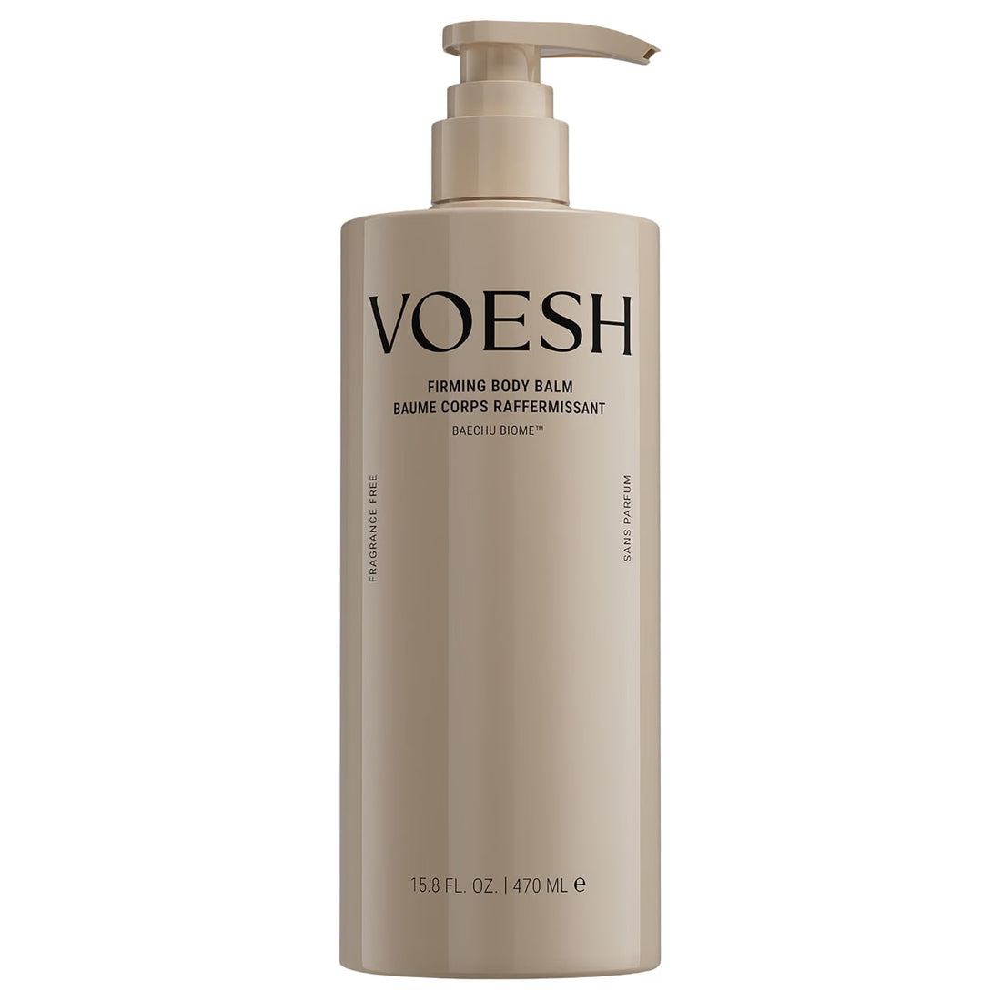 VOESH Firming Body Balm in a taupe pump bottle on a white background