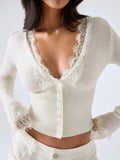 Odette Lace Trim Cropped Knit Cardigan in Off-White, front