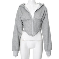 Women’s Grey Cropped Corset Hoodie — Streetwear Cinched Waist Zip‑Up Sweatshirt